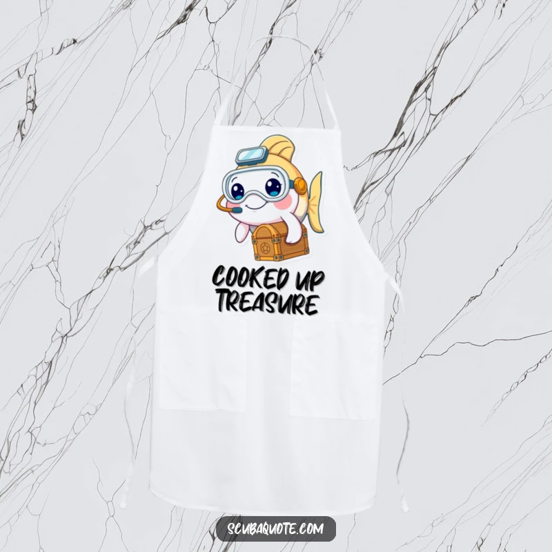Funny apron featuring a smiling fish character in diving gear holding a treasure chest, ideal for chefs.