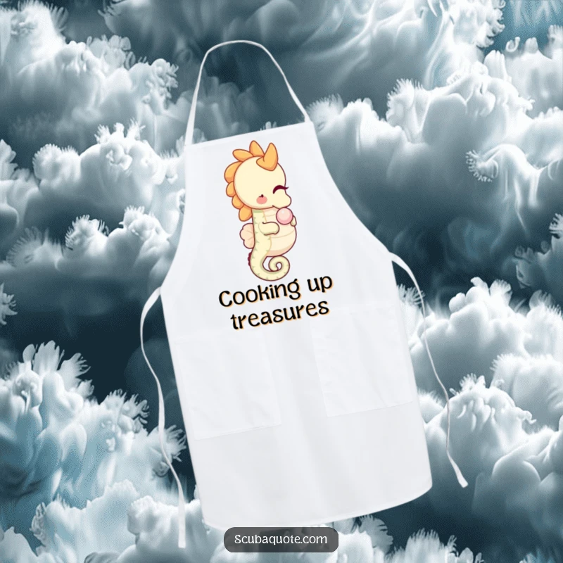 Funny happy seahorse apron, gently nudging a pearl, bringing kitchen charm and protection humorously.