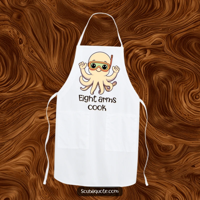 Funny apron with a cheerful octopus wearing a snorkel mask, waving with eight arms, perfect for kitchen fun and ocean lovers.