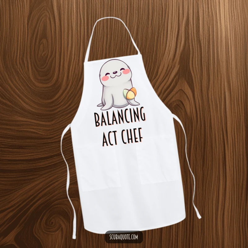 Funny apron featuring a seal giggling uncontrollably while balancing a colorful ball on its nose, ideal for culinary fun.