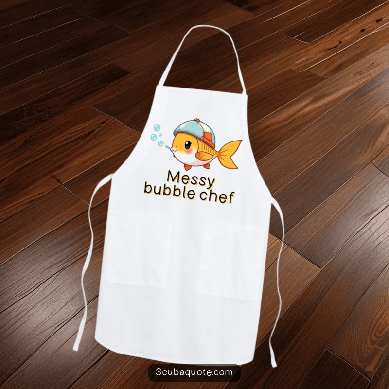 Funny apron with a giddy goldfish wearing a tiny helmet, blowing a stream of bubbles, perfect for kitchen fun and fish lovers.