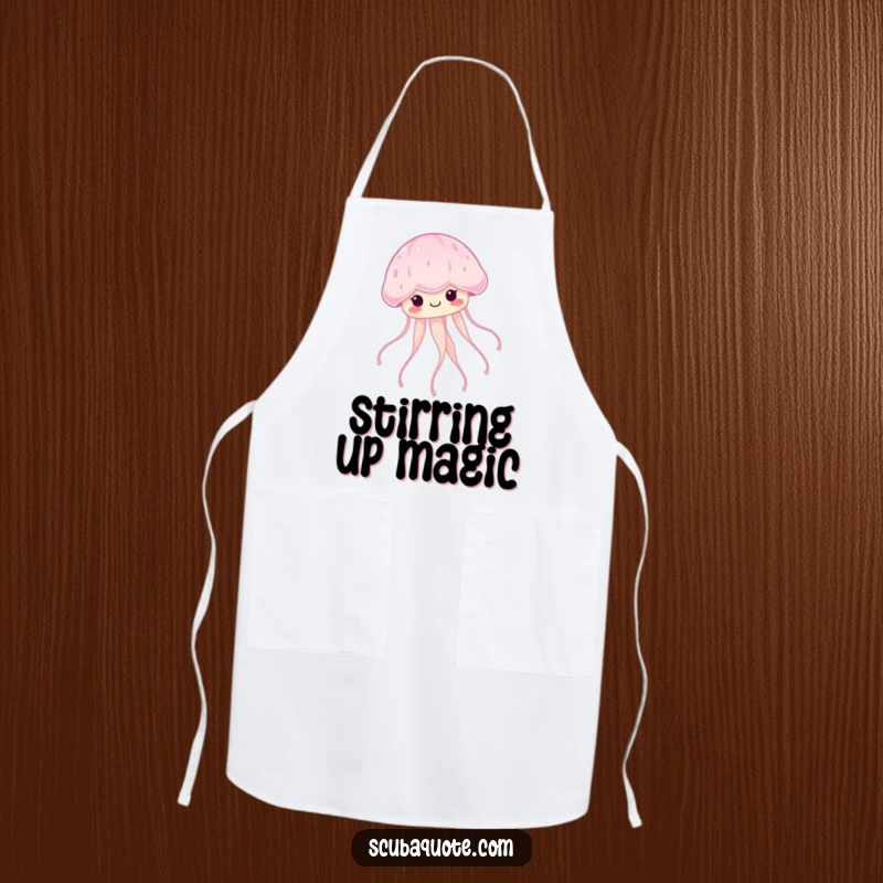 Funny smiling jellyfish trailing glowing tendrils on a kitchen apron, perfect for magical meal preparation.