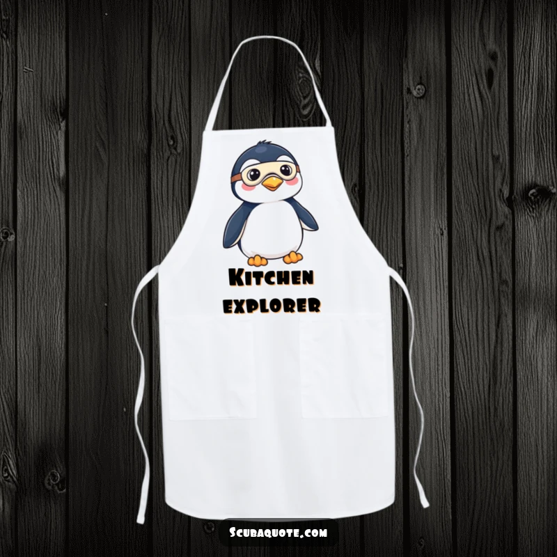Funny apron featuring a penguin dressed as an explorer with a mask and fins, ready to tackle any kitchen challenge with fun.