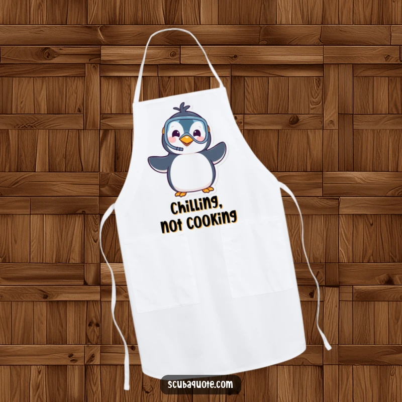 Funny apron showcasing a happy penguin wearing a snorkel and mask, ready to cook up a storm with a friendly wave.