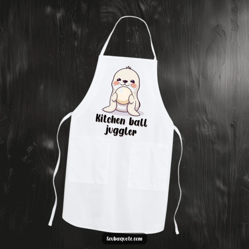 Funny apron depicting a playful seal balancing a ball on its nose, adding a touch of circus excitement to cooking duties.
