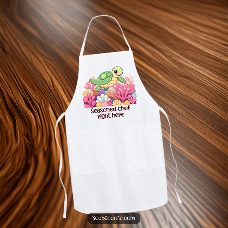Funny apron showcasing a cheerful sea turtle paddling through a colorful coral reef, ideal for cooking fun.
