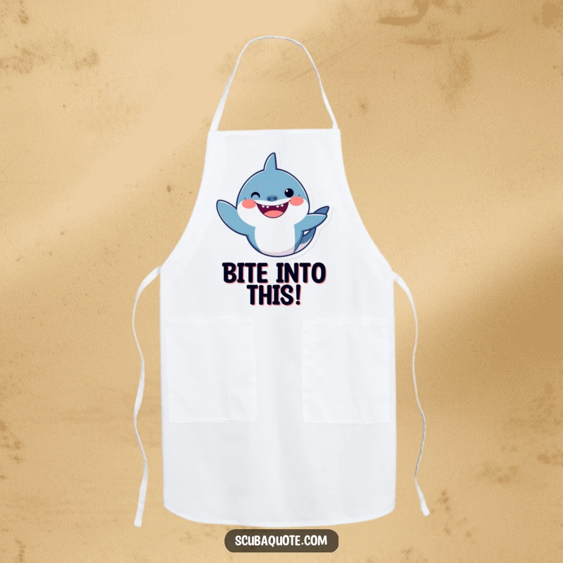 Funny shark apron with a smiling shark waving in a friendly gesture, perfect for kitchen fun and protection.