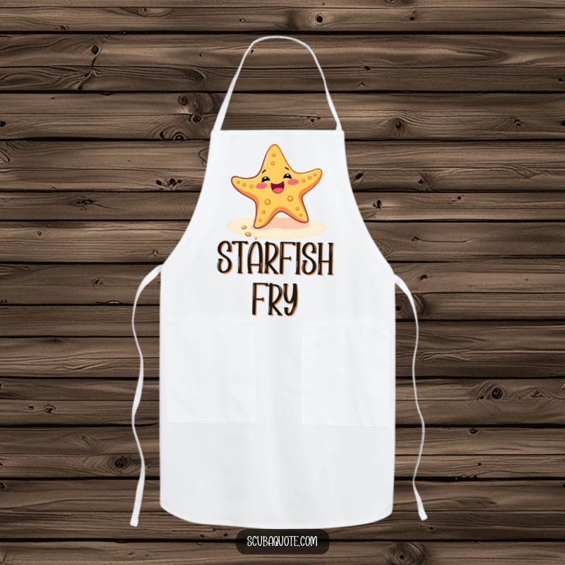 Funny apron showing a delighted starfish doing a happy wiggle dance on the sandy ocean floor, as if cooking.