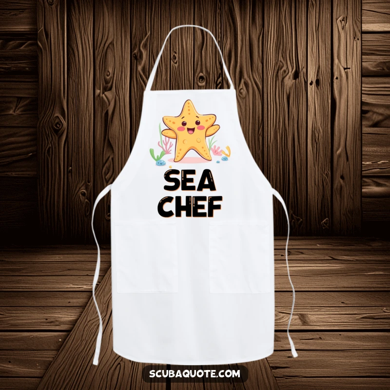 Funny starfish apron featuring a happy dancing starfish on the ocean floor, ideal for cooks who love the ocean and humor.
