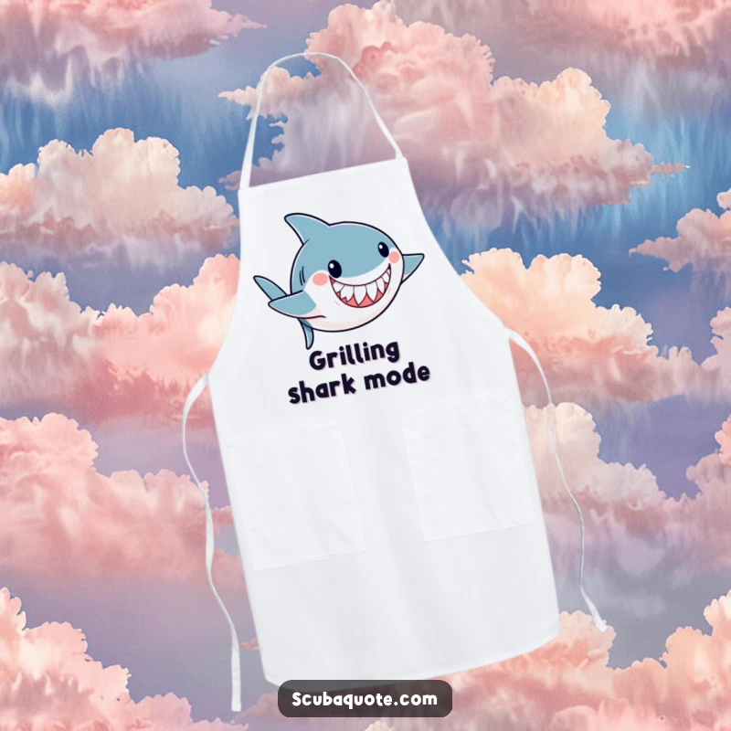 Funny apron with a playful shark doing an underwater somersault with a friendly grin, perfect for kitchen fun and ocean lovers.