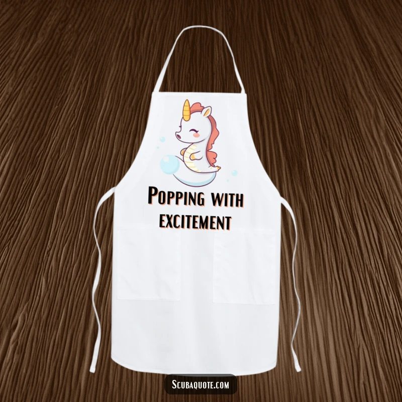 Funny seahorse apron showing a tiny, giggling seahorse riding a bubble, perfect for adding humor to kitchen tasks.
