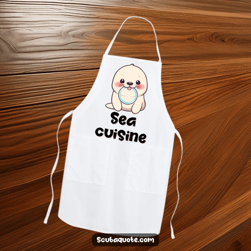 Funny seal apron featuring a cute pup blowing a bubble ring, ideal for cooks who love animals and humor.