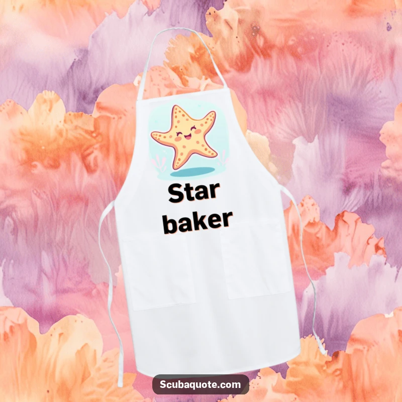 Funny starfish apron featuring a cheerful starfish dancing underwater, perfect for kitchen activities and protection.