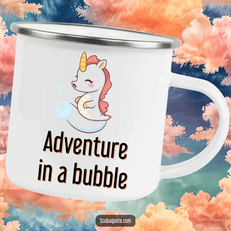 Funny seahorse camping mug featuring a tiny seahorse giggling while riding a bubble, ready for outdoor fun and laughter.