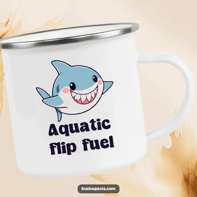Funny camping mug with a playful shark doing an underwater somersault with a friendly grin, ideal for outdoor aquatic fun.