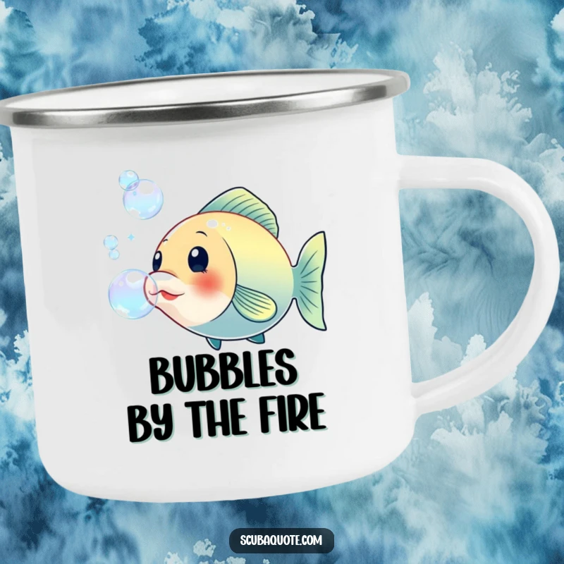 Funny camping mug with a cheerful fish blowing large iridescent bubbles, designed for durability and bringing a touch of marine whimsy to outdoor trips.