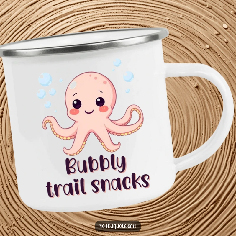 Funny camping mug with a happy octopus character blowing bubbles underwater, designed for outdoor enjoyment.