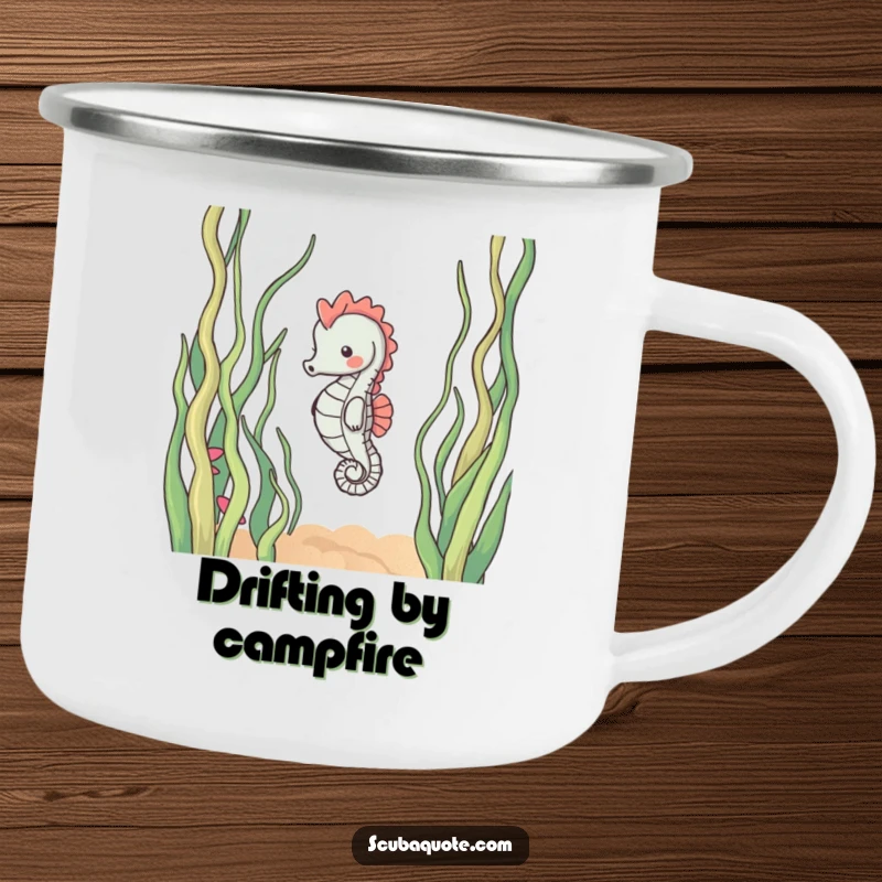 Funny camping mug featuring a content seahorse calmly drifting through swaying seaweed, ideal for enjoying nature's peace.