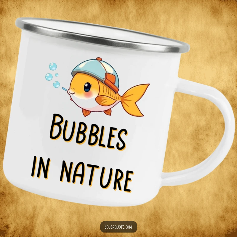 Funny camping mug with a giddy goldfish wearing a tiny helmet, blowing a stream of bubbles, ideal for outdoor aquatic fun.