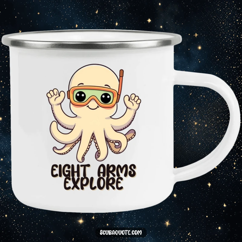 Funny camping mug with a cheerful octopus wearing a snorkel mask, waving with eight arms, ideal for underwater adventures.