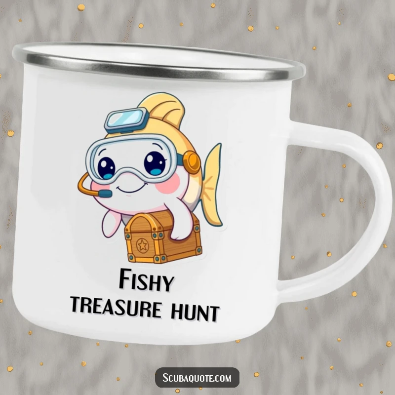 Funny camping mug with a smiling fish character wearing a diving mask and holding a treasure chest, ready for the outdoors.