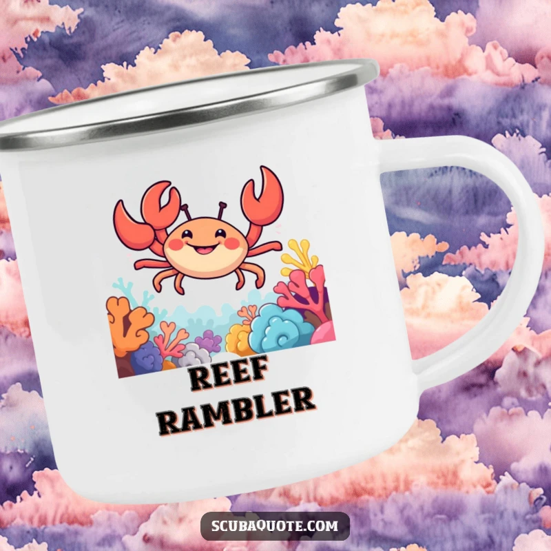 Funny camping mug with a smiling crab, claws extended, exploring a vibrant coral reef.