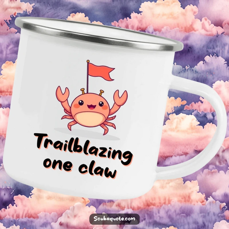 Funny camping mug featuring a happy crab scuttling forward with a tiny flag, perfect for outdoor enthusiasts who love a cheerful stride.
