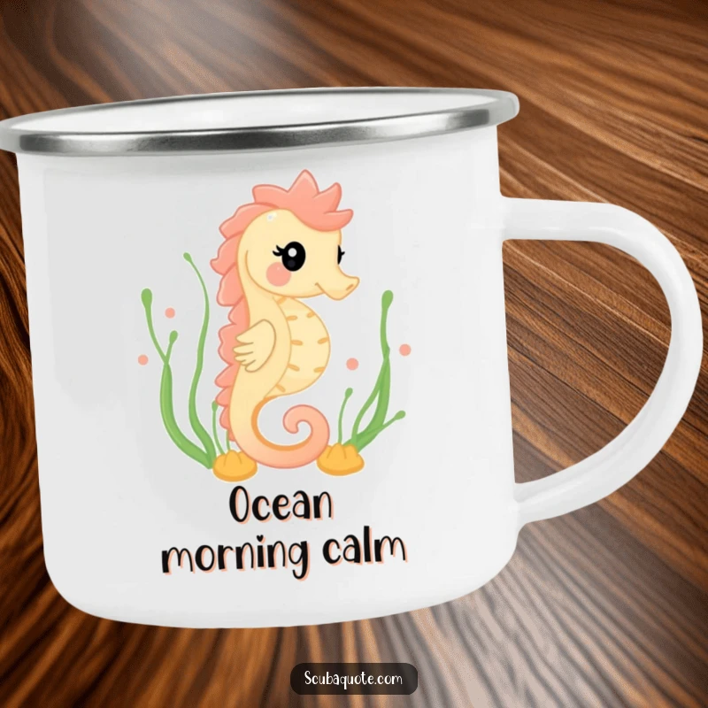 Funny camping mug with a happy seahorse gracefully swimming through seaweed, built for durability and adding serene ocean charm to outdoor activities.