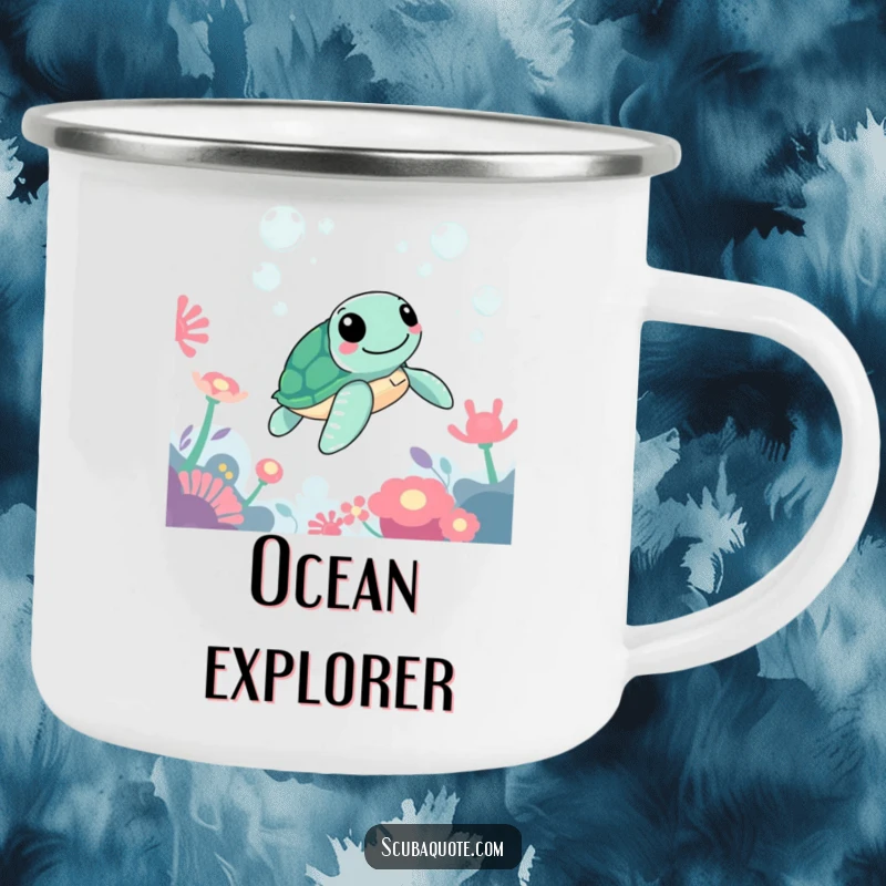 Funny camping mug with a happy sea turtle gliding past colorful anemones and playful bubbles underwater.