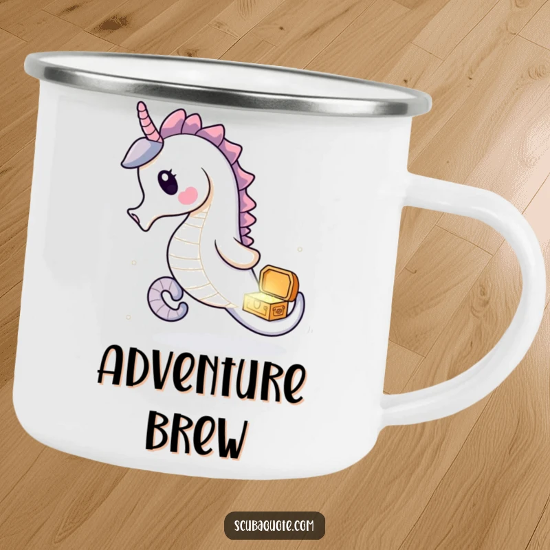 Funny seahorse camping mug with a delighted seahorse chasing a treasure chest, perfect for outdoor drinks.