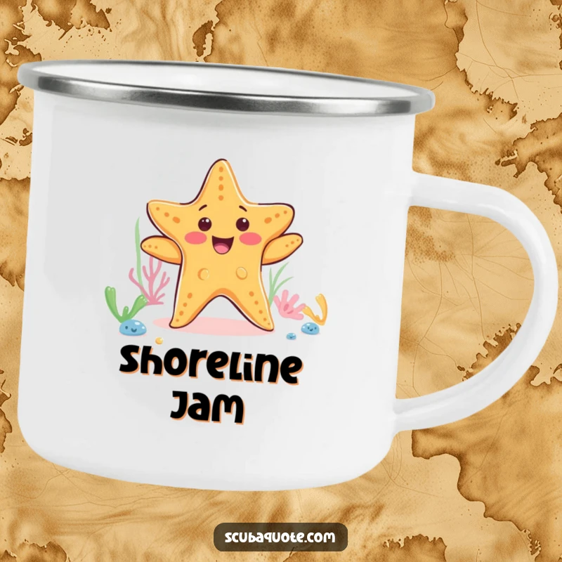 Funny starfish camping mug with a happy dancing starfish on the ocean floor, ideal for outdoor adventures and beach lovers.