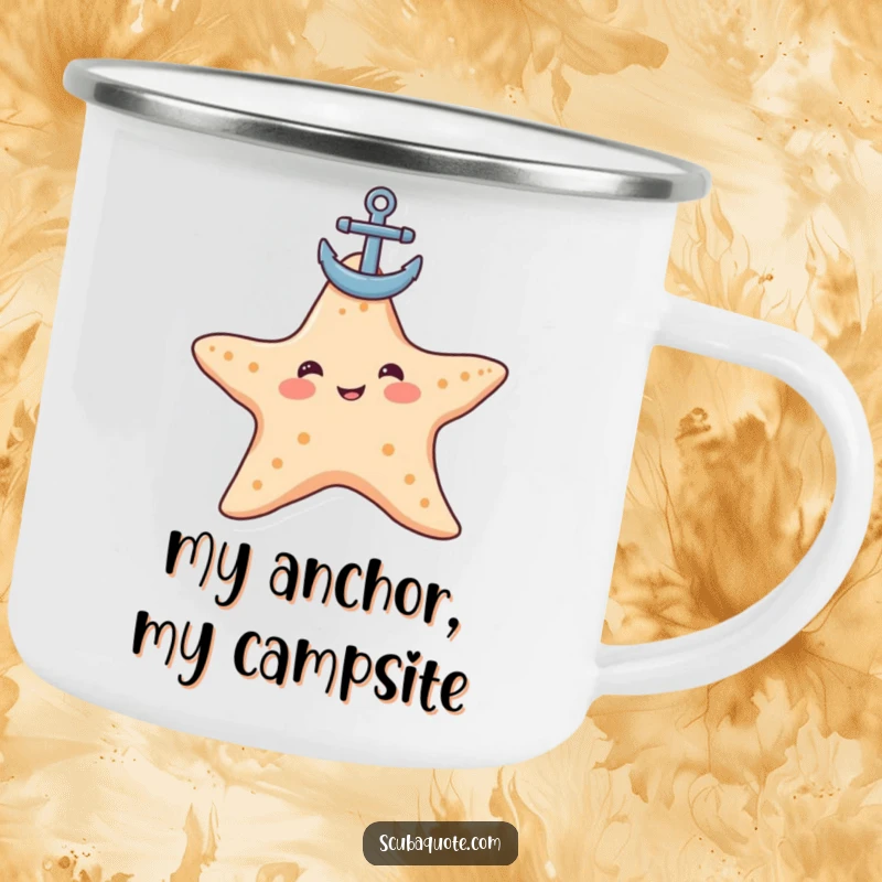 Funny starfish camping mug featuring a contented starfish balancing an anchor, ready for outdoor escapades and humorous moments.