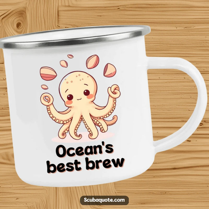 Funny Octopus Camping Mug: A curious octopus expertly juggles shiny shells, ready for your next outdoor escapade.