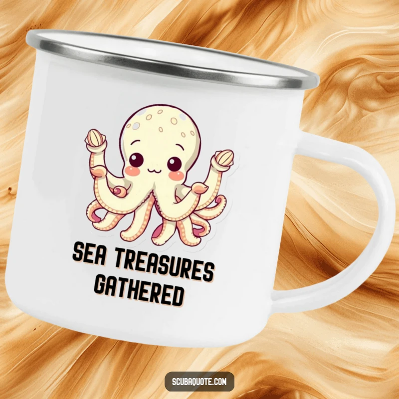 Funny camping mug with a curious octopus holding seashells in its eight arms, designed for durability and bringing a touch of ocean whimsy to outdoor trips.