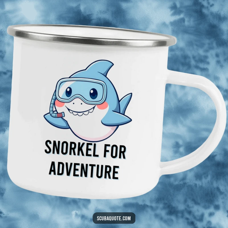 Funny shark camping mug with a snorkel, smiling and nodding, ready for outdoor humor.