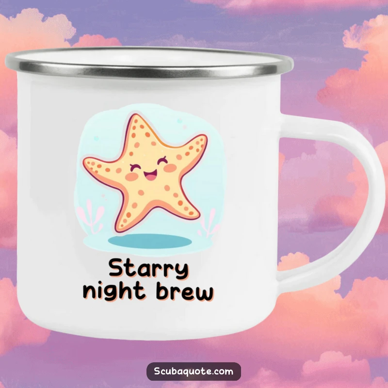 Funny starfish camping mug with a cheerful starfish dancing underwater, perfect for any outdoor beverage.