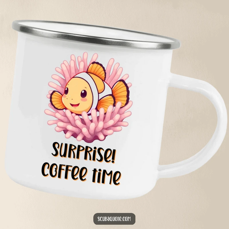 Funny camping mug with a smiling clownfish peeking from an anemone, built for durability and adding underwater cheer to outdoor activities.