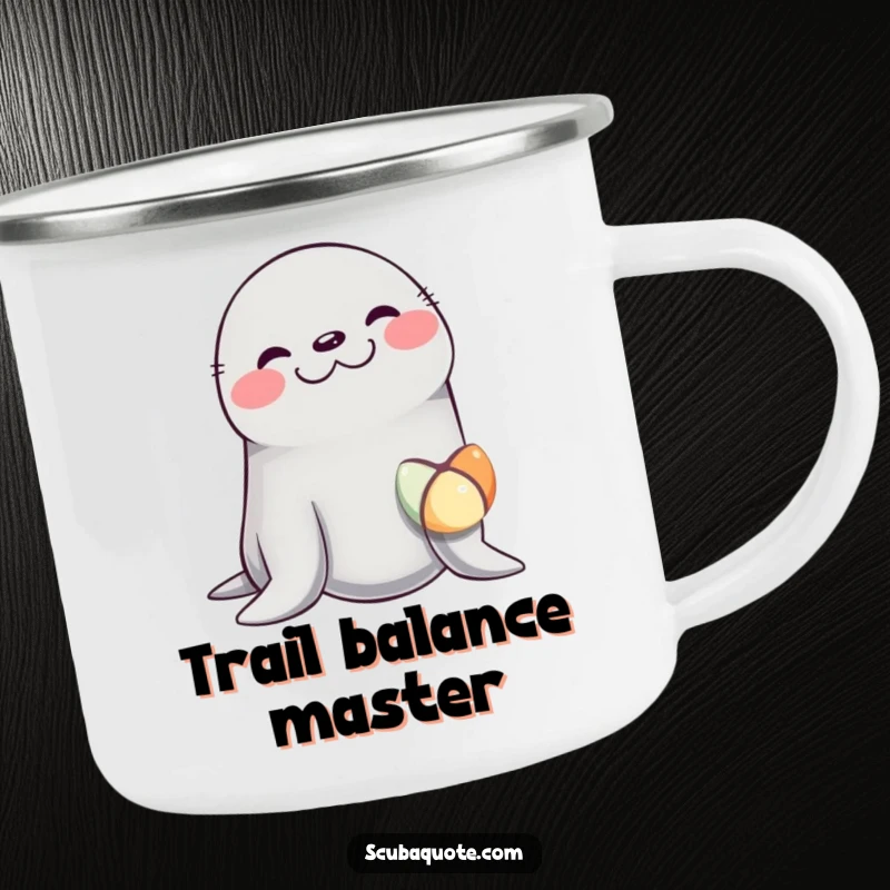 Funny camping mug featuring a seal giggling uncontrollably while balancing a colorful ball on its nose, perfect for outdoor enthusiasts.