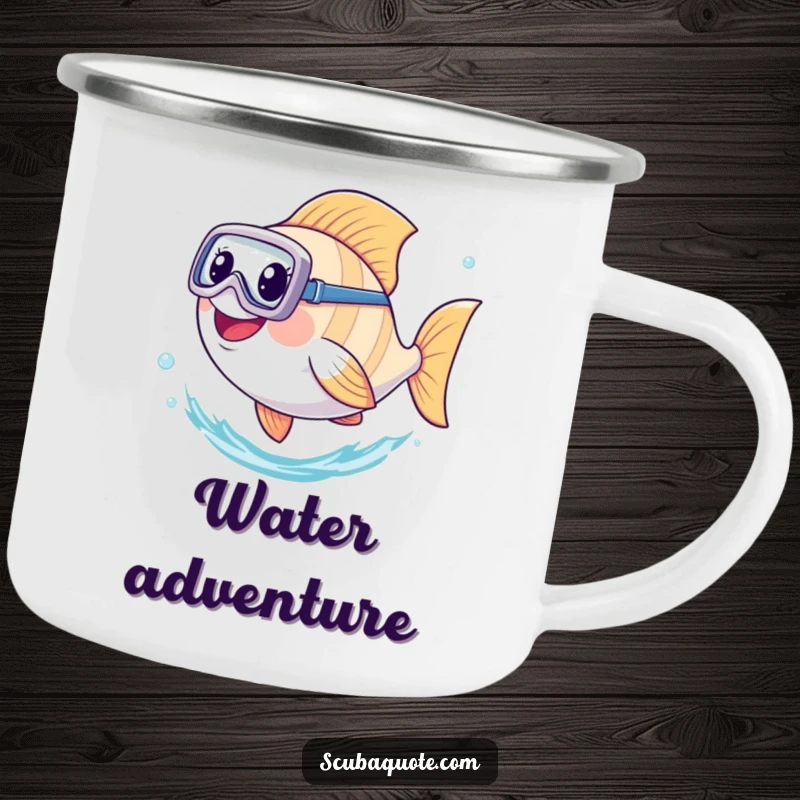 Funny camping mug with a happy fish sporting a diving mask, kicking its tail vigorously while navigating the water.