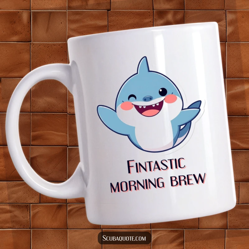 Funny shark mug with a smiling great white shark waving a friendly hello with its fin, perfect for ocean lovers.