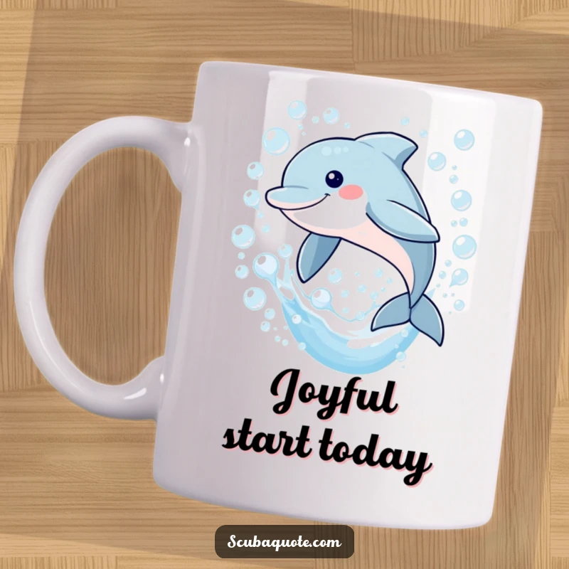 Funny mug featuring a smiling dolphin joyfully leaping through a sparkling cascade of bubbles, embodying pure aquatic happiness.
