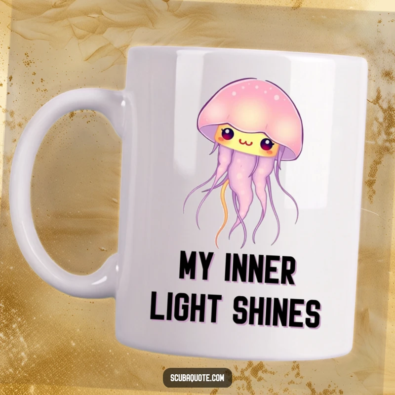 Funny glowing jellyfish mug, depicting a curious creature pulsing with a soft, internal light, perfect for a whimsical gift.