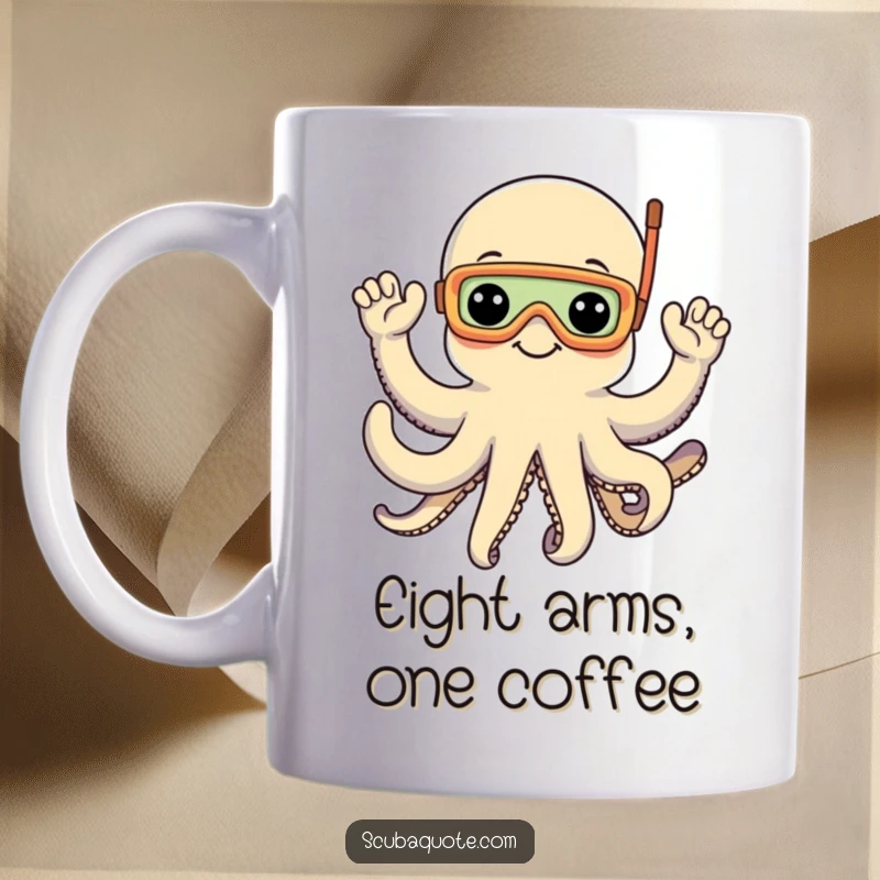 Funny mug with a cheerful octopus wearing a snorkel mask, happily waving with all eight arms, celebrating underwater fun.