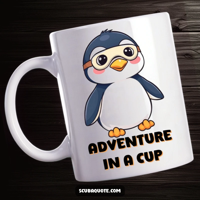 Funny mug showcasing a playful penguin wearing a small mask and fins, poised for exciting underwater explorations and ready for fun.