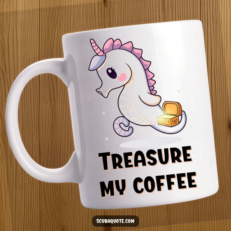 Funny seahorse mug depicting a delighted seahorse playfully chasing a sparkling treasure chest, perfect for adventurers.