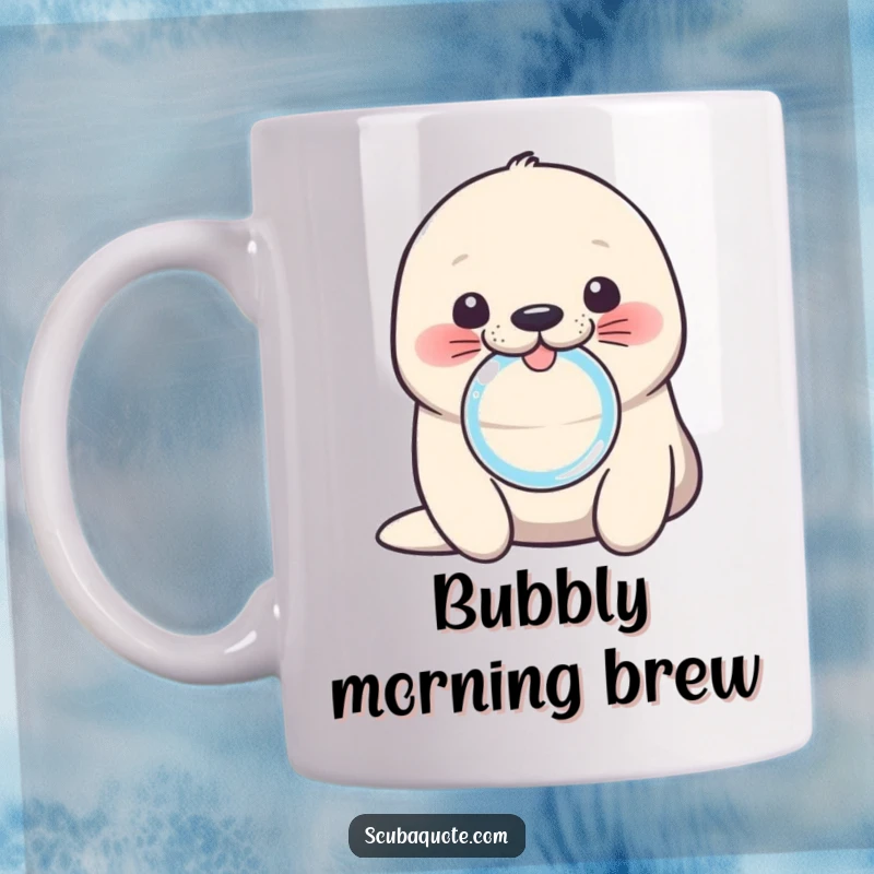 Funny seal pup mug showing a cute pup blowing a bubble ring with its nose, perfect for animal lovers and humor seekers.
