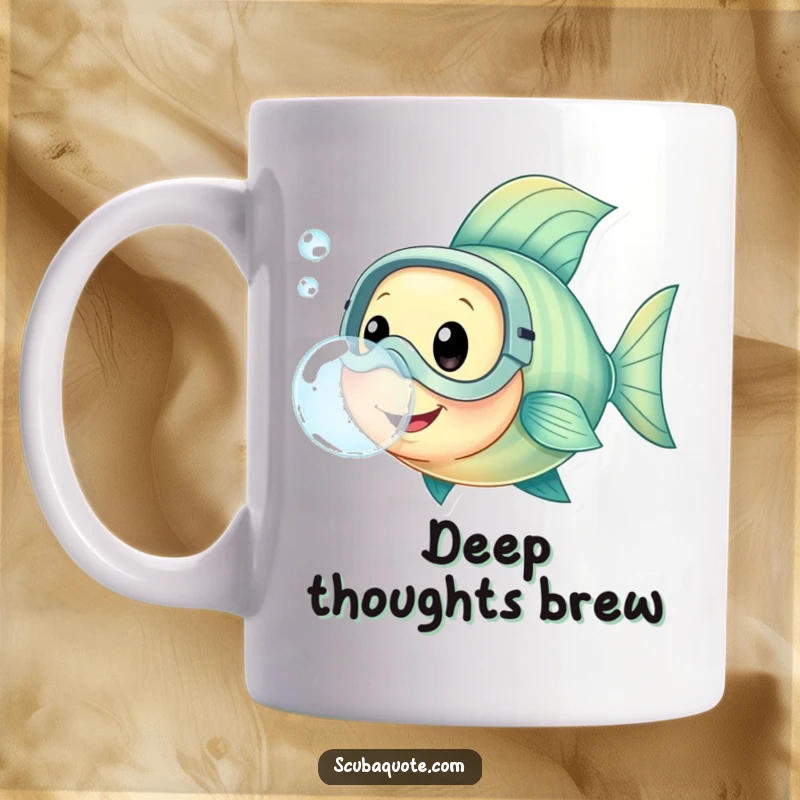Happy fish wearing a diving mask, blowing a large bubble, radiating underwater joy and adventure in this funny mug design.