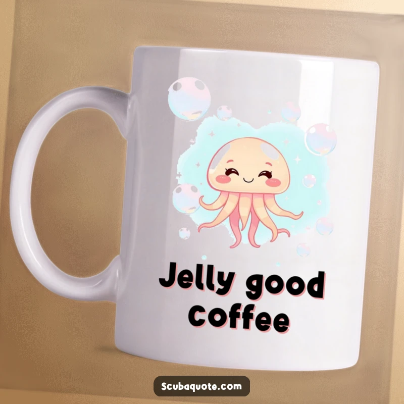 Funny giggling jellyfish mug showing a happy jellyfish surrounded by shimmering bubbles, perfect for a cheerful start.
