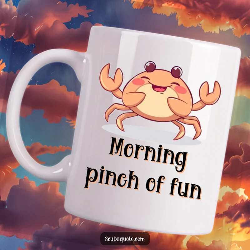 Funny mug featuring a giggling crab joyfully wiggling its claws, showcasing a hilarious and playful personality for all to enjoy.