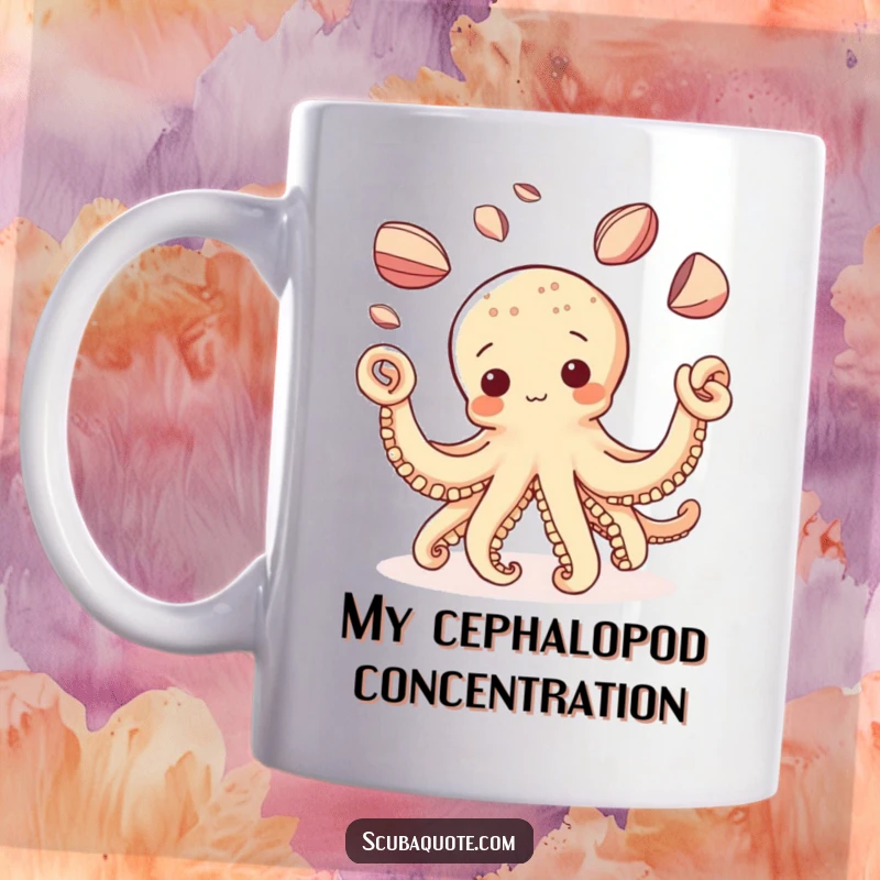 Funny Octopus Mug: A curious octopus artistically juggles colorful, shiny shells, showcasing its playful and talented deep-sea personality.